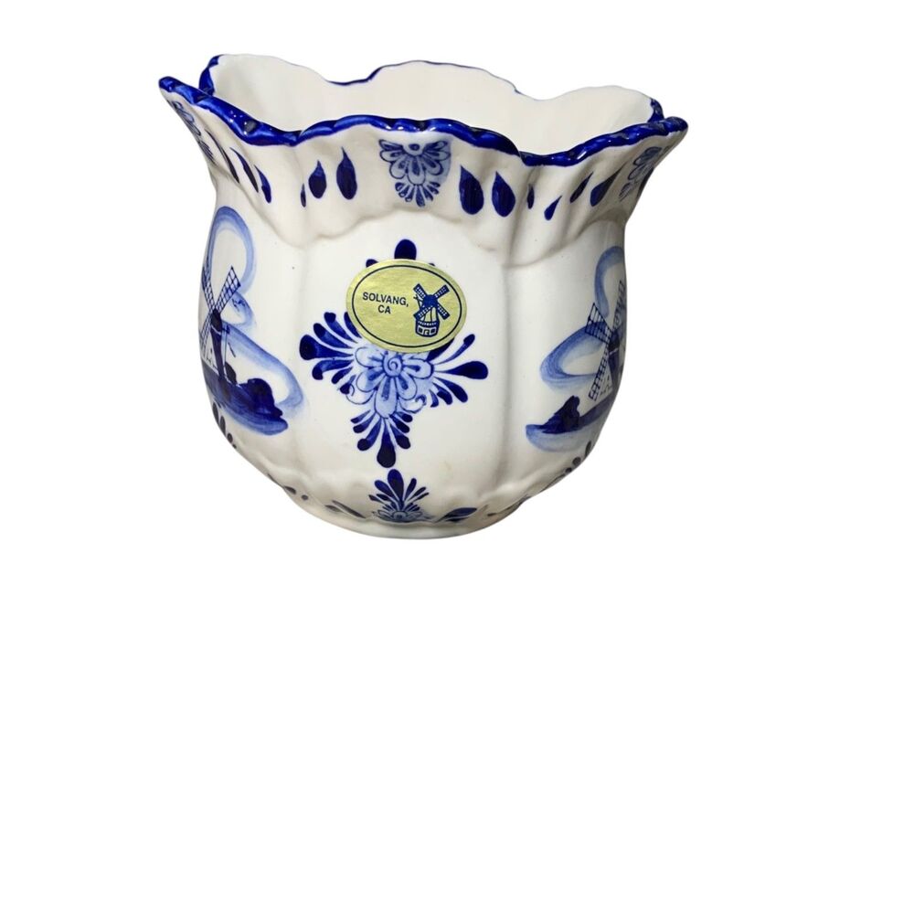 Vintage Blue White Ceramic Delft Scalloped Vase Planter Hand Painted
